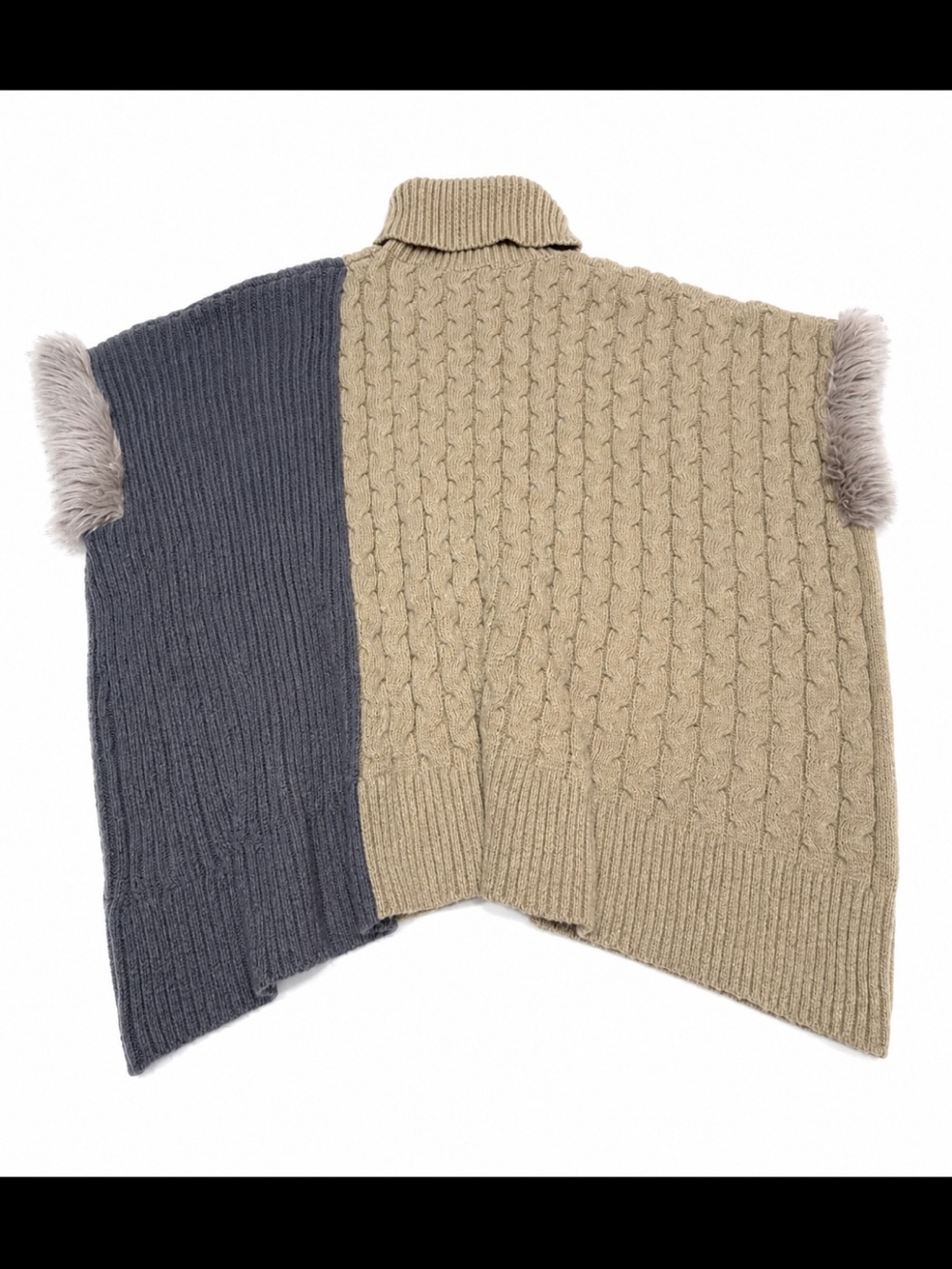 NWT Boho Chic Colorblock Cable Knit Faux Fur Poncho Sweater - Picture 3 of 8